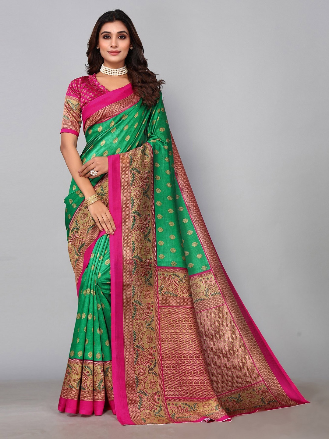 

KALINI Ethnic Motifs Printed Art Silk Saree, Green