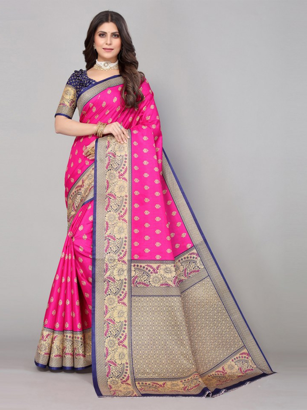 

KALINI Ethnic Motifs Printed Zari Art Silk Saree, Pink