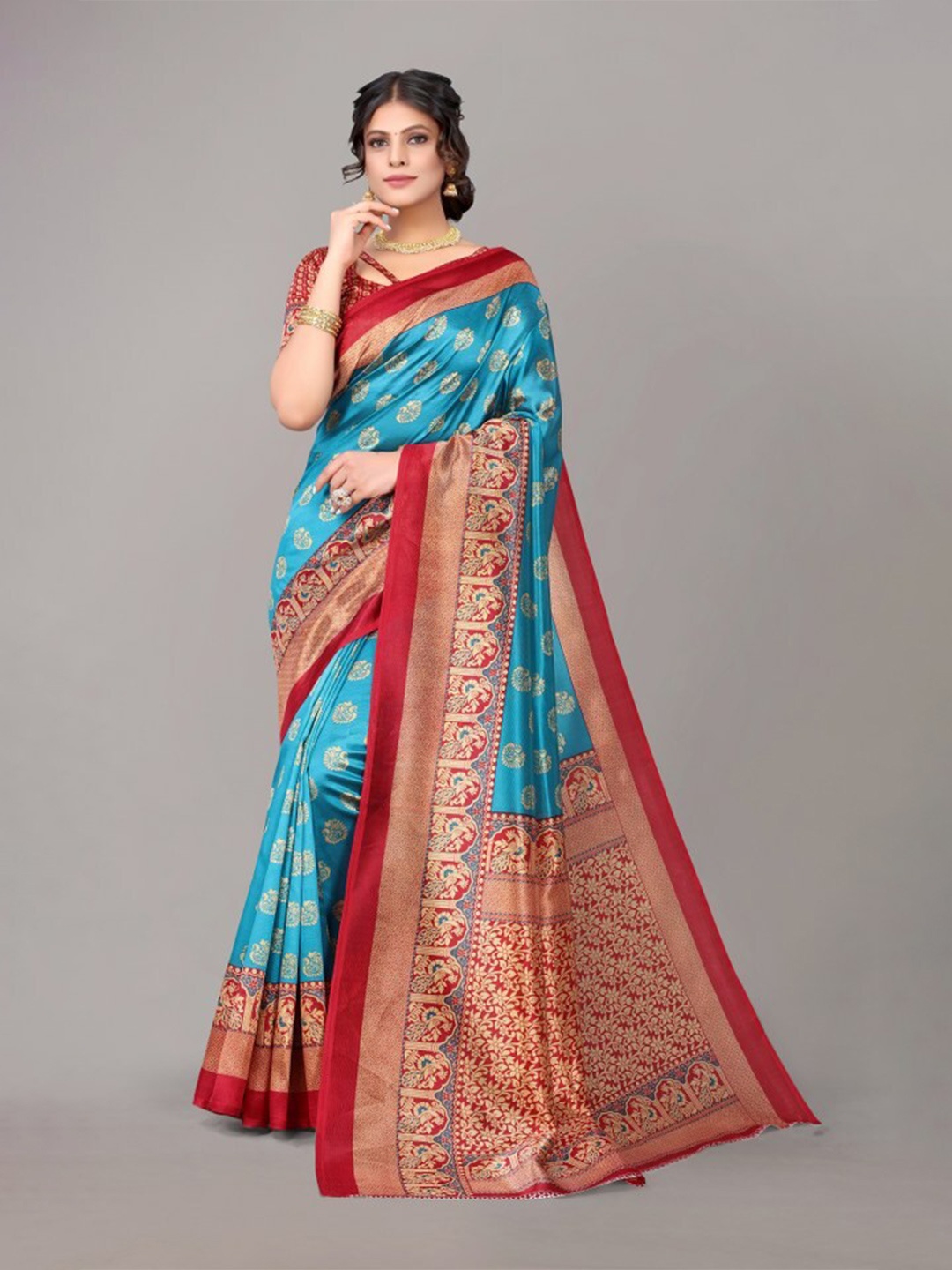 

KALINI Printed Ethnic Motifs Art Silk Saree, Teal
