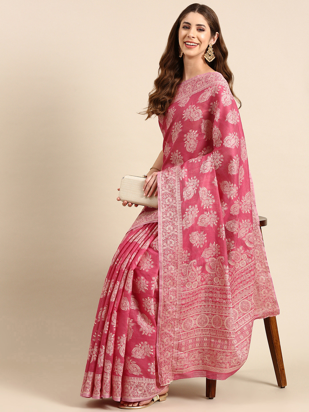 

Mitera Paisley Linen Blend Muga Saree, Pink