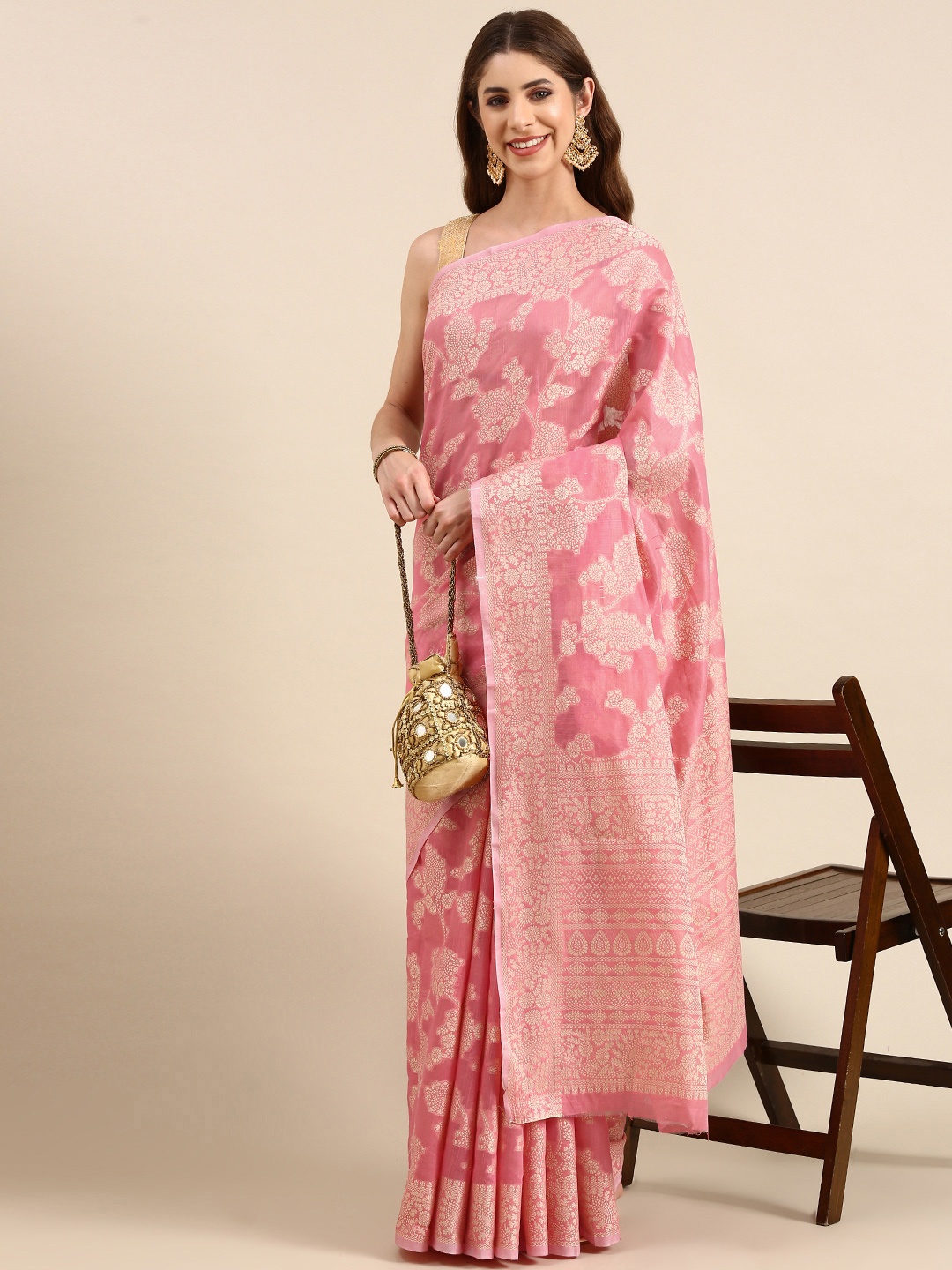 

Mitera Ethnic Motifs Linen Blend Muga Saree, Pink