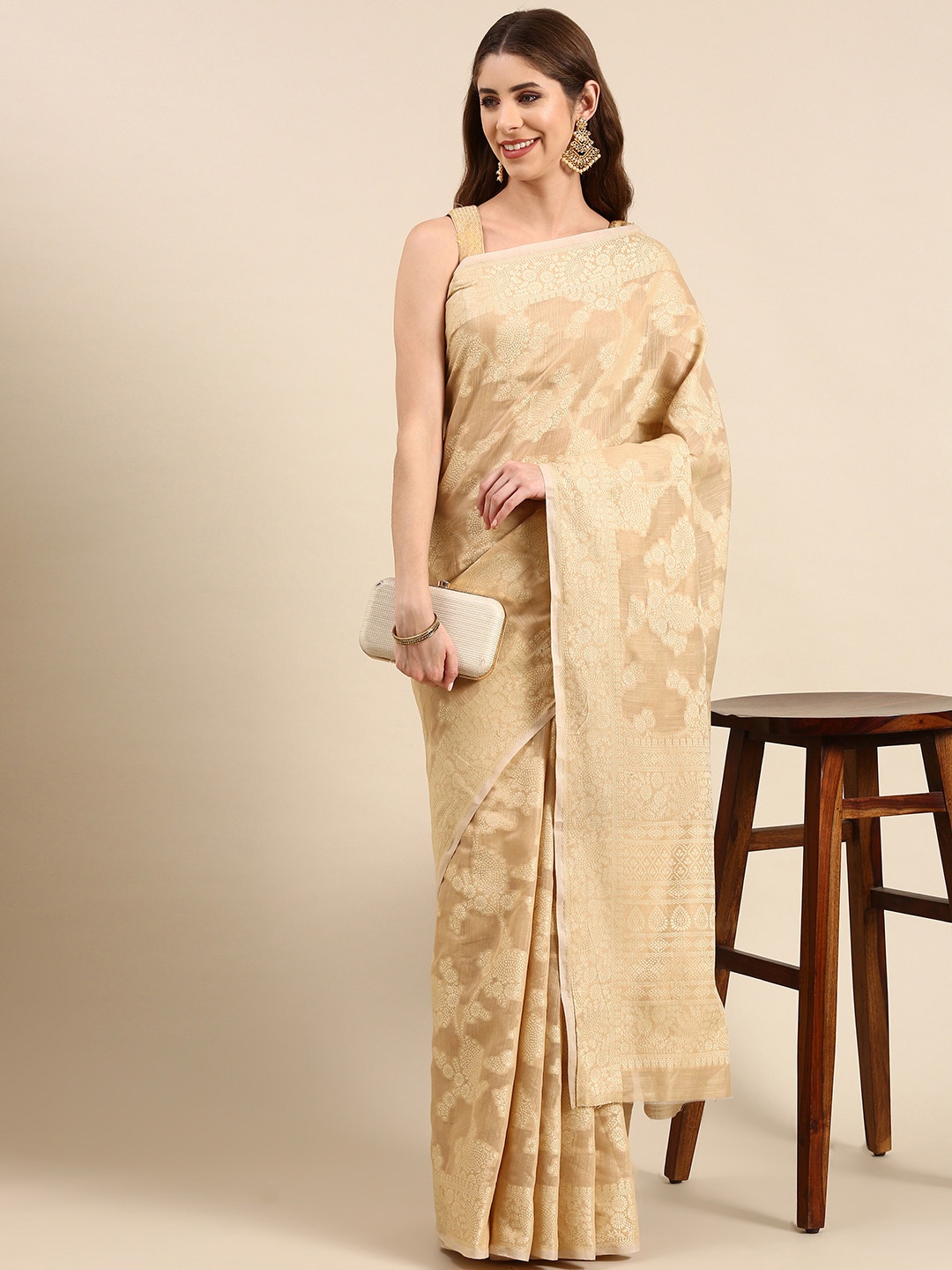 

Mitera Ethnic Motifs Linen Blend Muga Saree, Beige
