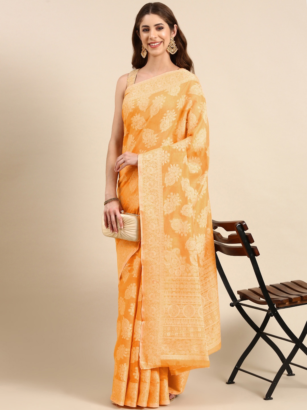

Mitera Paisley Linen Blend Muga Saree, Mustard