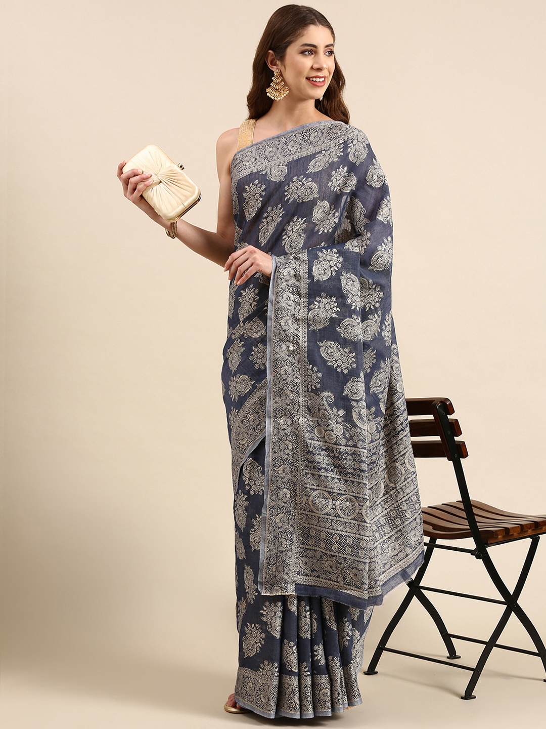 

Mitera Paisley Linen Blend Muga Saree, Navy blue