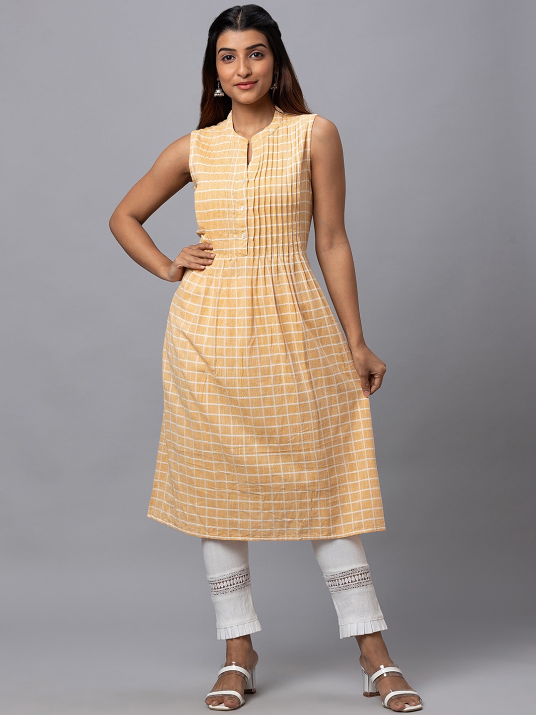 

Globus Women Checked Pure Cotton Plated A-Line Kurta, Yellow
