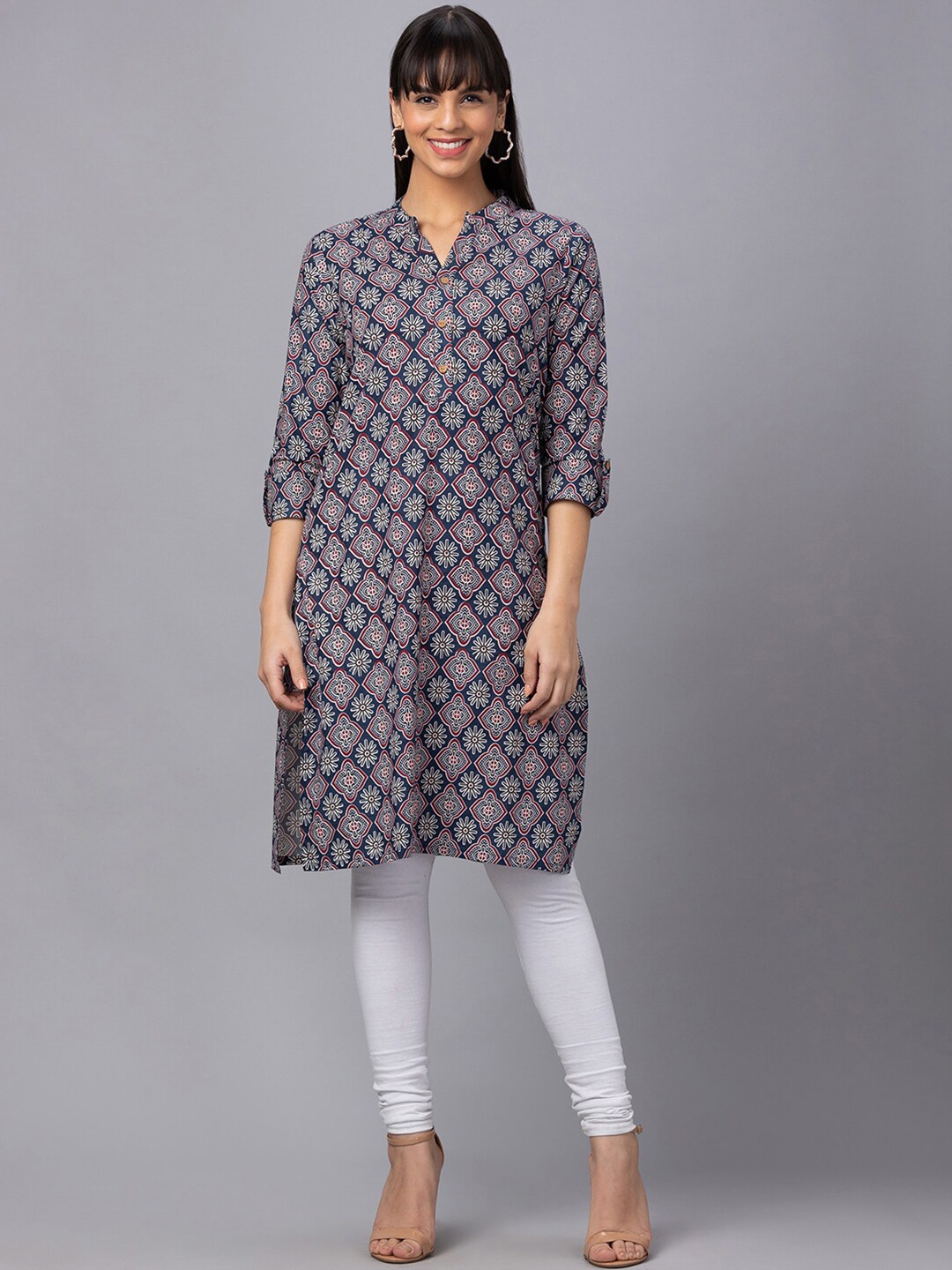 Globus Women Printed Mandarin Collar Pure Cotton Straight Kurta, Teal