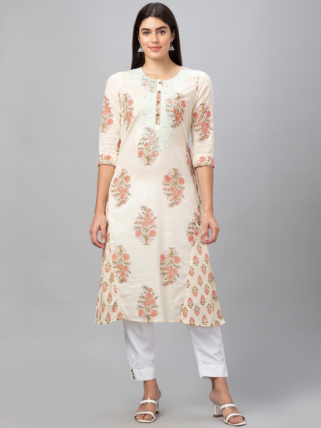 

Globus Women Floral Printed Mirror Work Pure Cotton Panelled A-Kurta, Off white