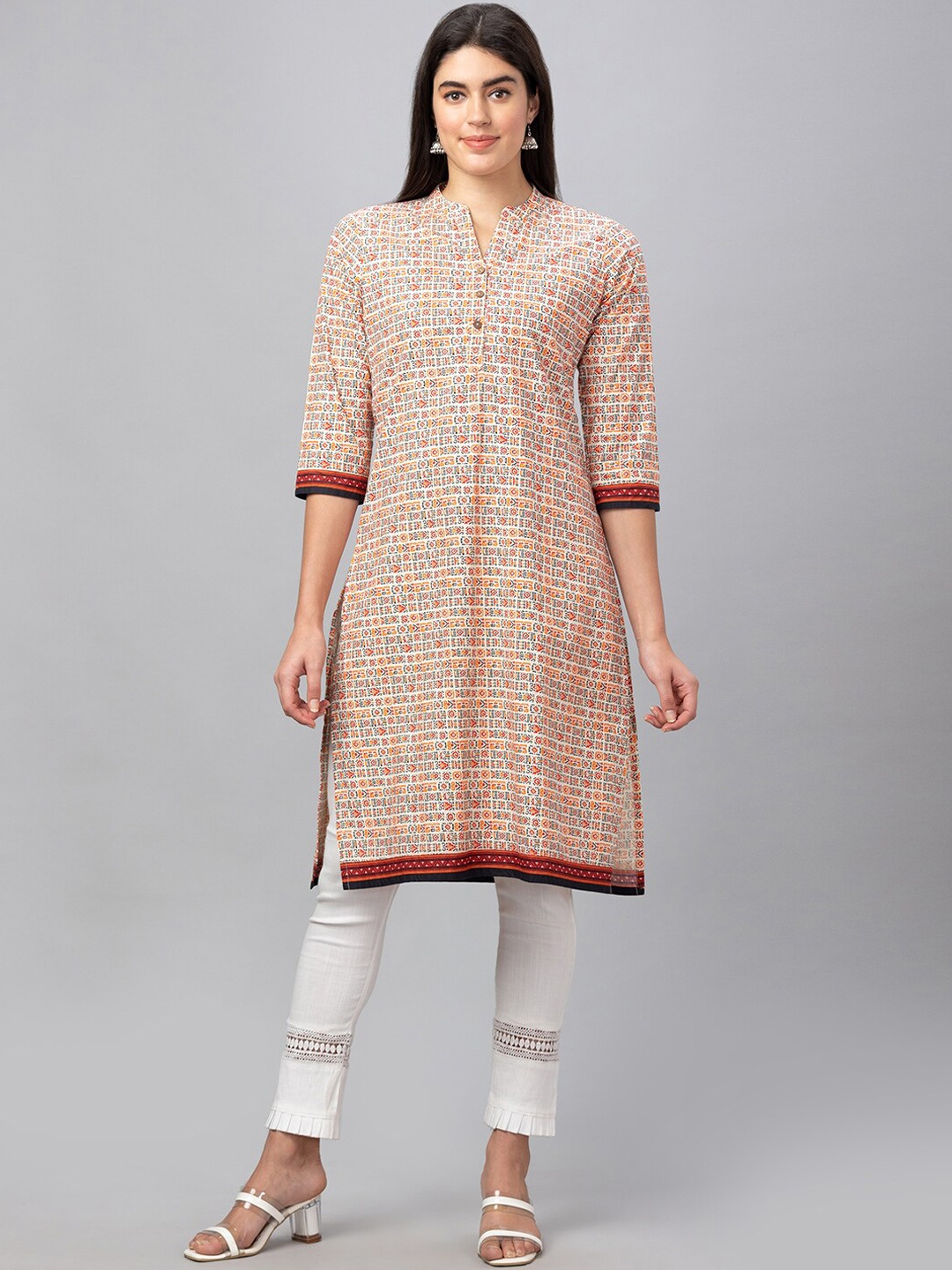 

Globus Ethnic Printed Straight Mandarin Collar Kurta, Off white