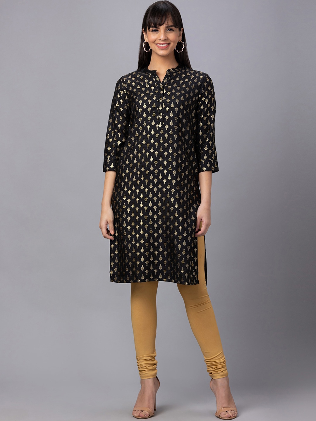 

Globus Women Ethnic Motifs Printed Band Collar Straight Kurta, Black