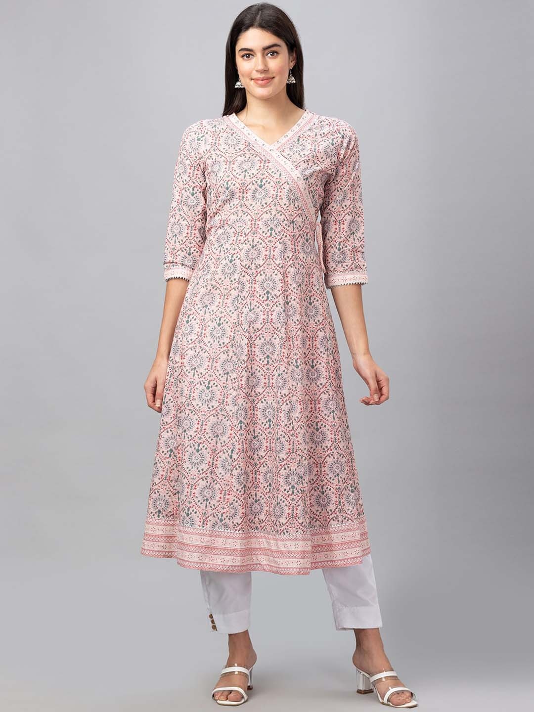 

Globus Women Floral Printed Gotta Patti Anarkali Pure Cotton Kurta, Pink