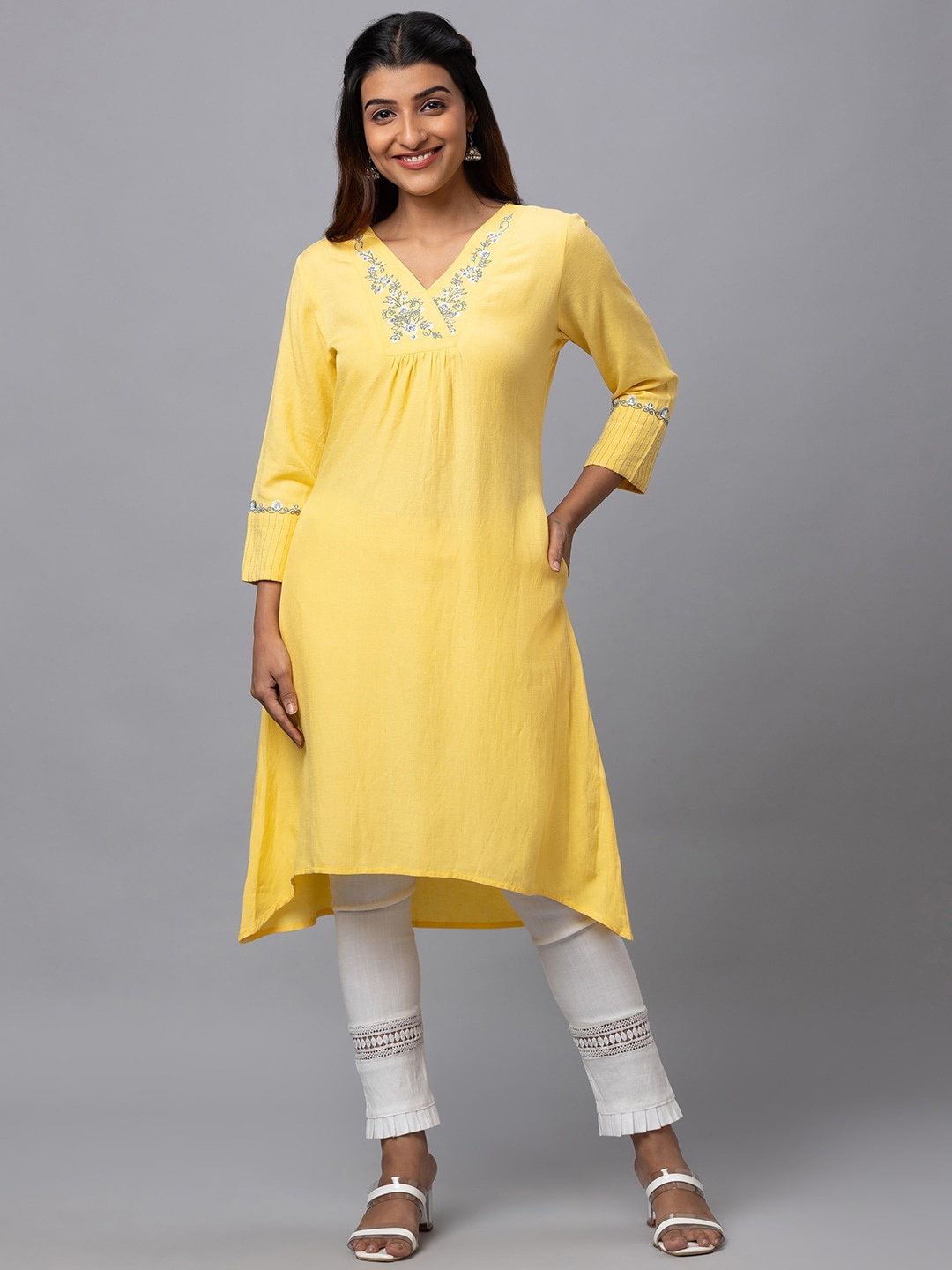 

Globus Women Embroidered V-Neck A-Line Kurta, Yellow