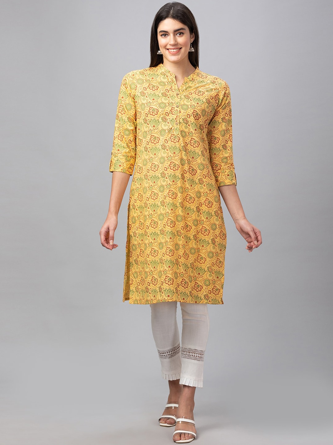 

Globus Women Mandarin Collar Ethnic Motifs Printed Cotton Kurta, Yellow