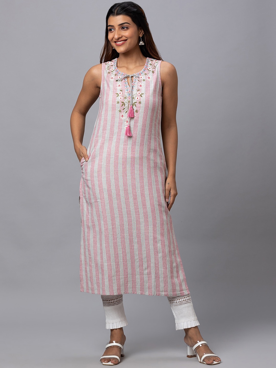 

Globus Women Striped Tie-Up Neck Thread Work Kurta, Pink