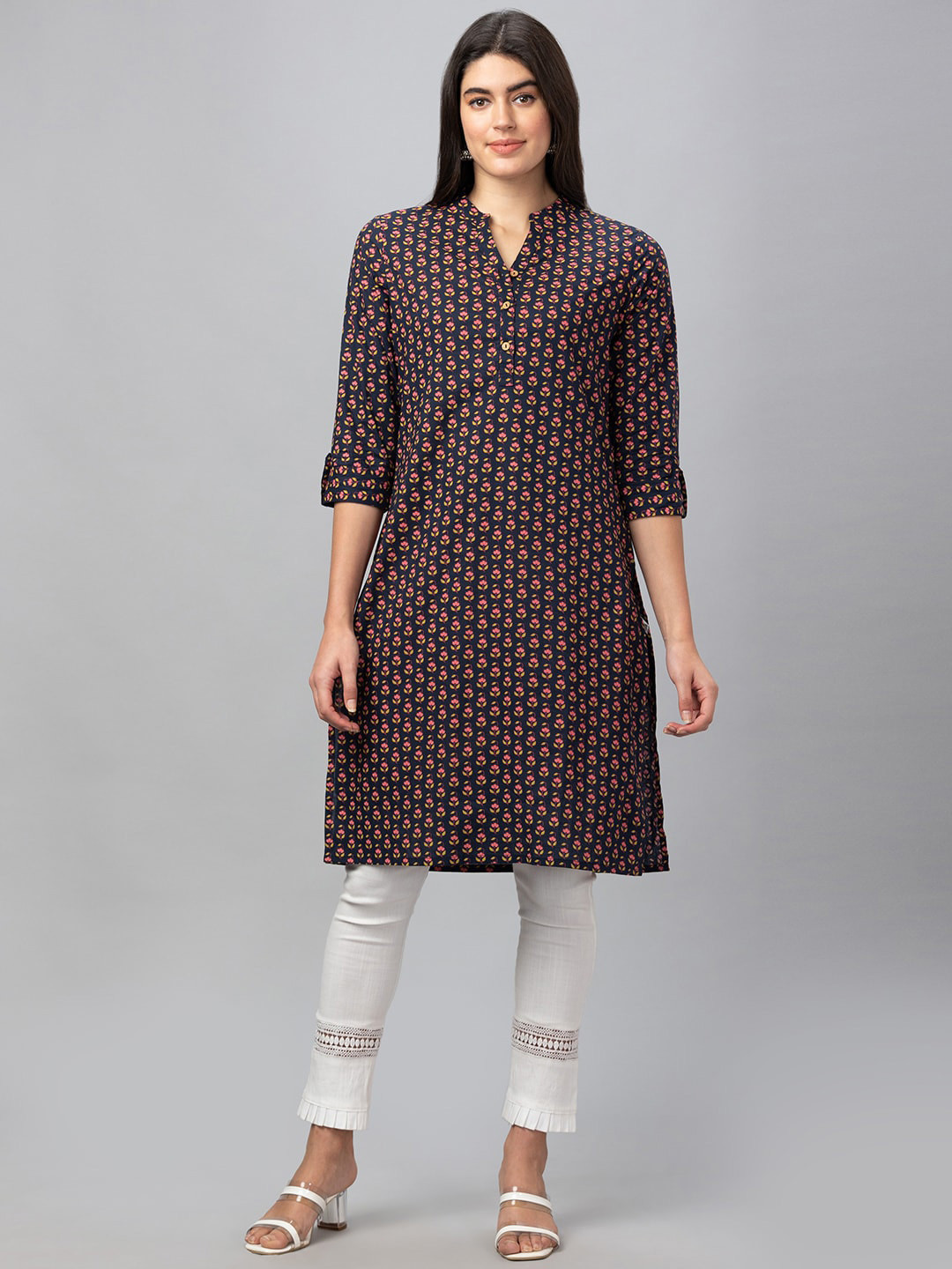 

Globus Women Ethnic Motifs Printed Pure Cotton Kurta, Navy blue