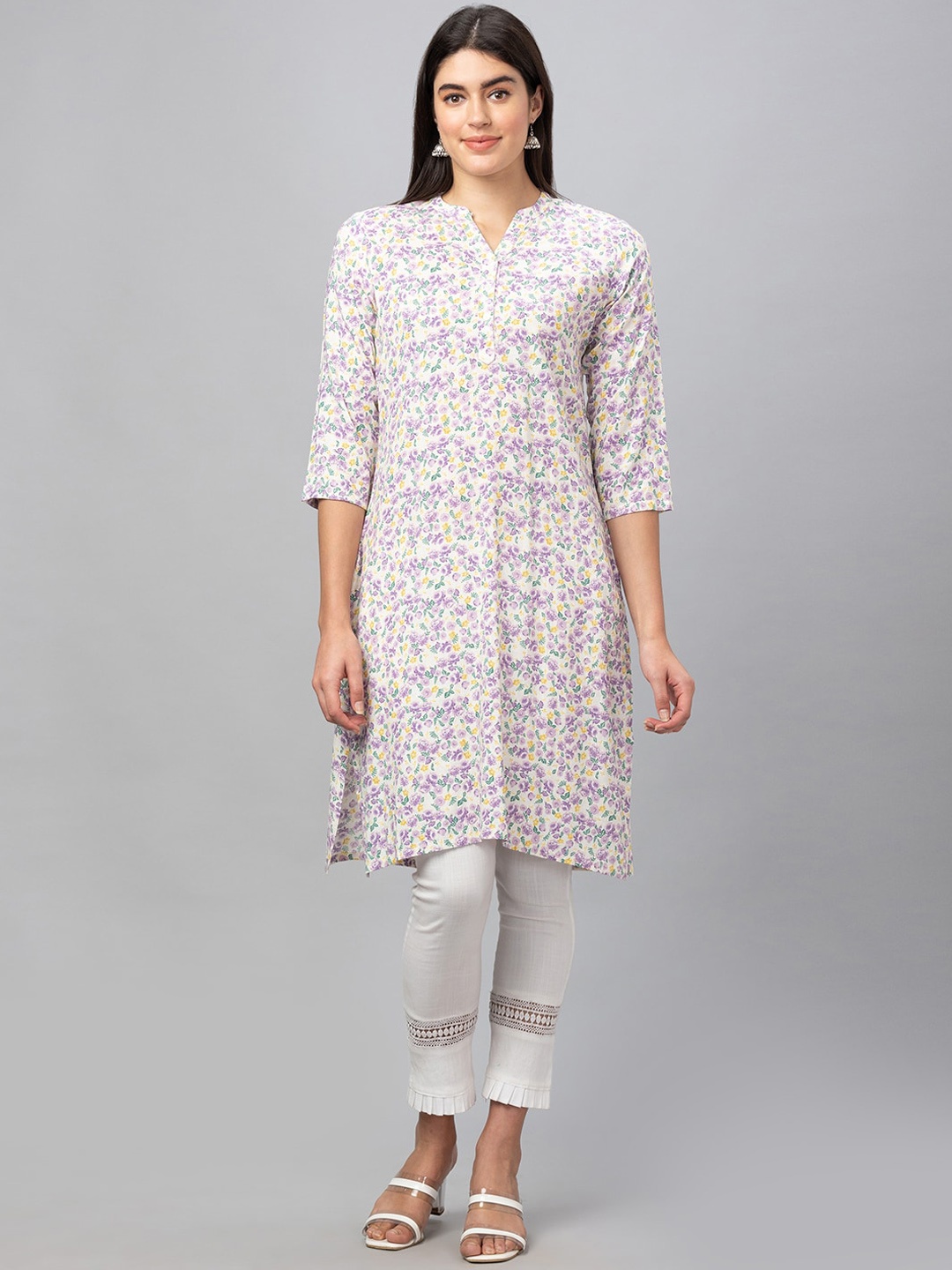 

Globus Floral Printed Mandarin Collar Pure Cotton Straight Kurta, Lavender