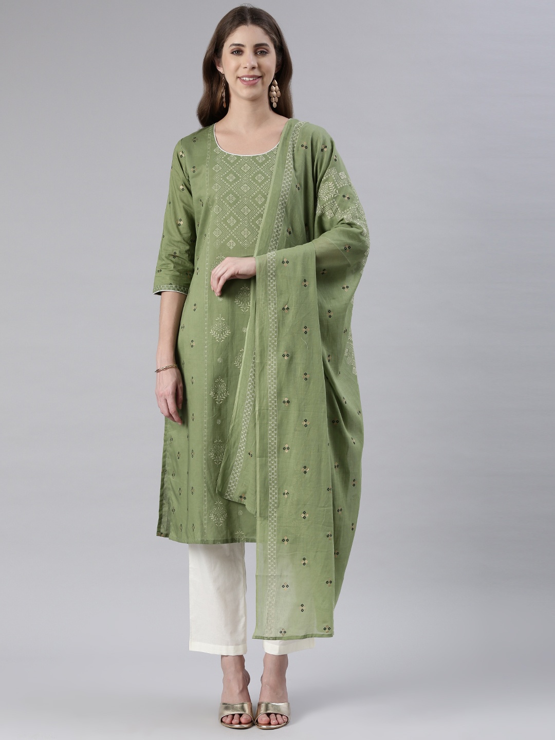 

ETIQUETTE Ethnic Motifs Printed Pure Cotton Kurta With Trousers & With Dupatta, Green