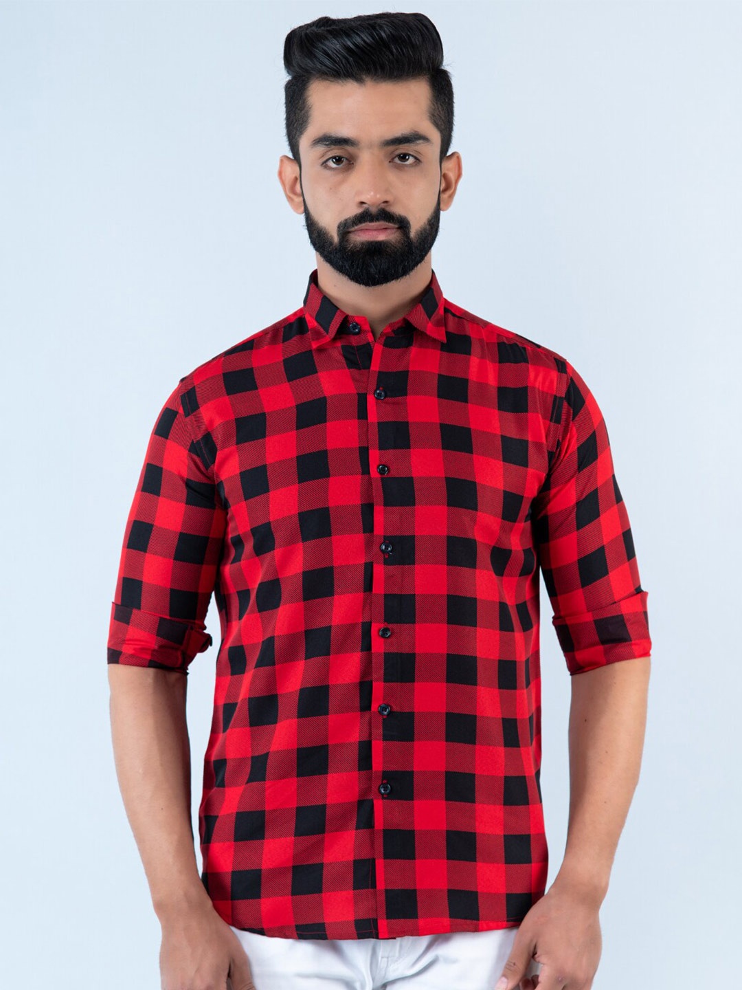 

Tistabene Men Spread Collar Buffalo Checked Casual Shirt, Red