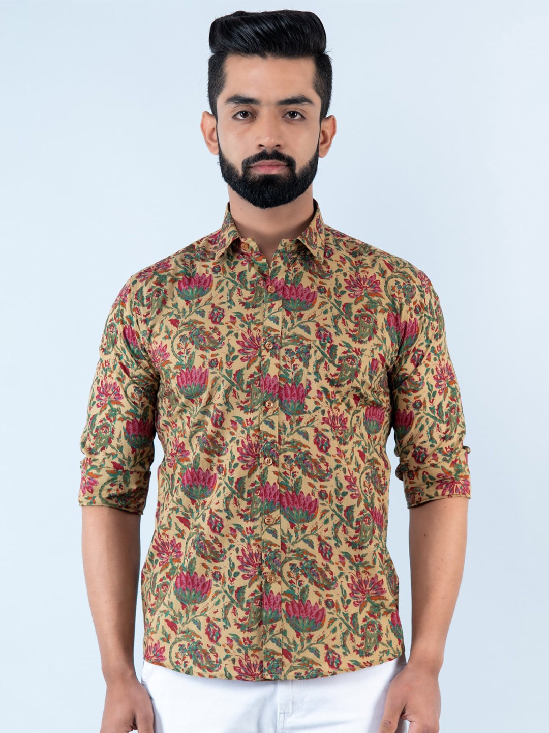 

Tistabene Men Floral Printed Casual Cotton Shirt, Beige