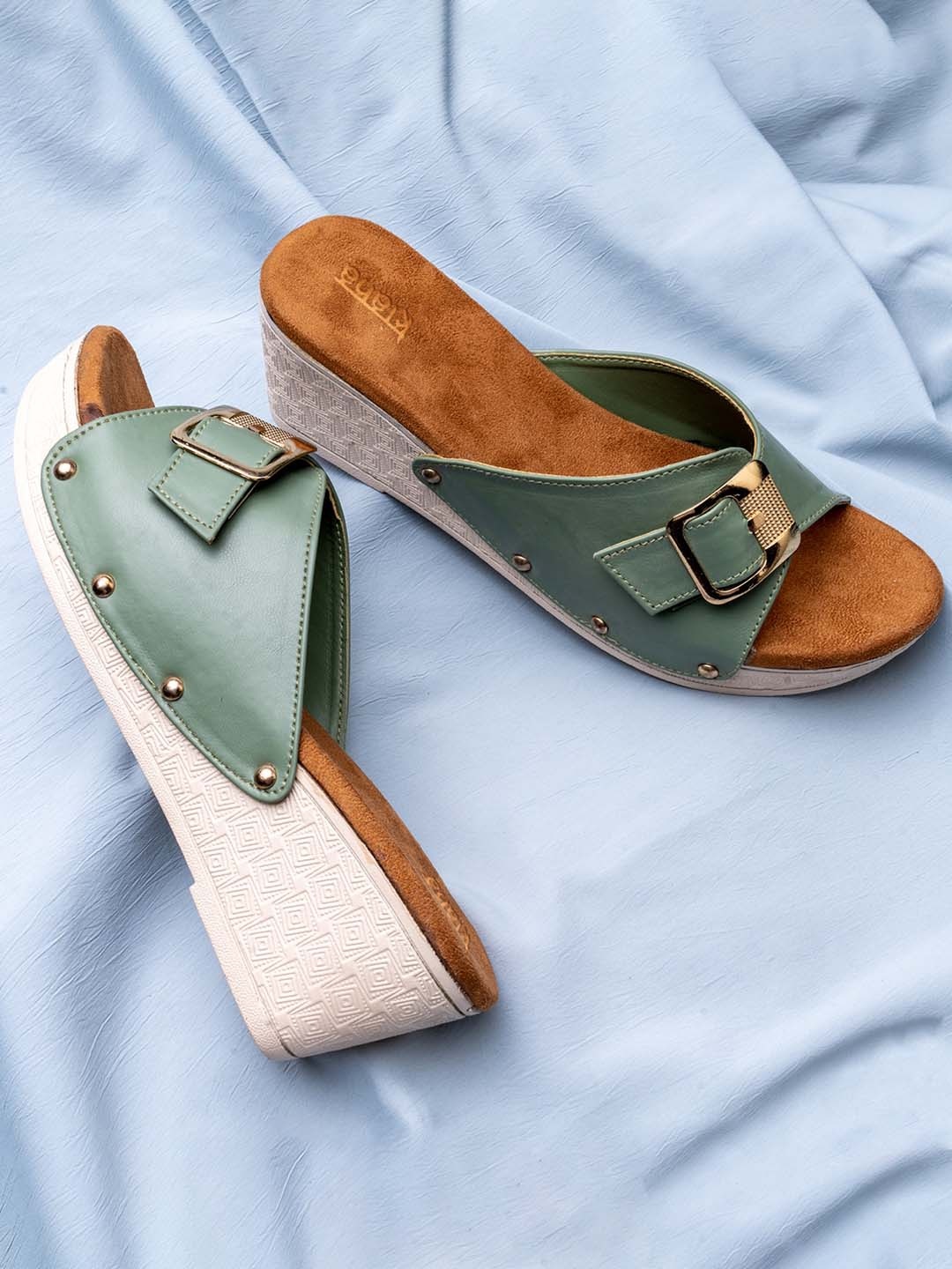 

Kiana Open Toe Buckle Detail Wedges, Green