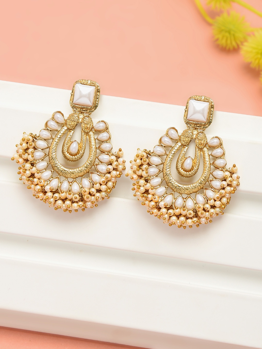 

Zaveri Pearls Off-White Gold-Plated Beaded Drop Earrings