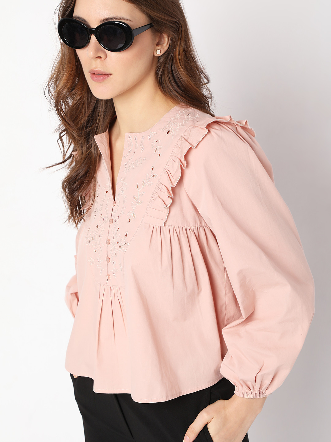 

Vero Moda Ruffles Schiffli Cotton Top, Pink