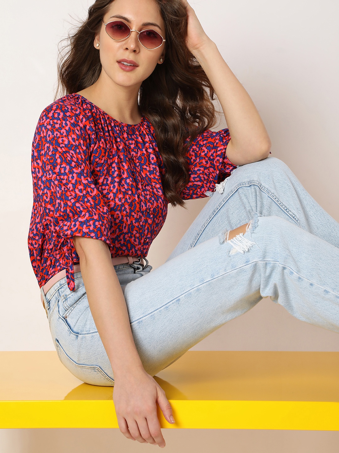 

Vero Moda Pink Abstract Printed Puff Sleeves Tie-Up Top