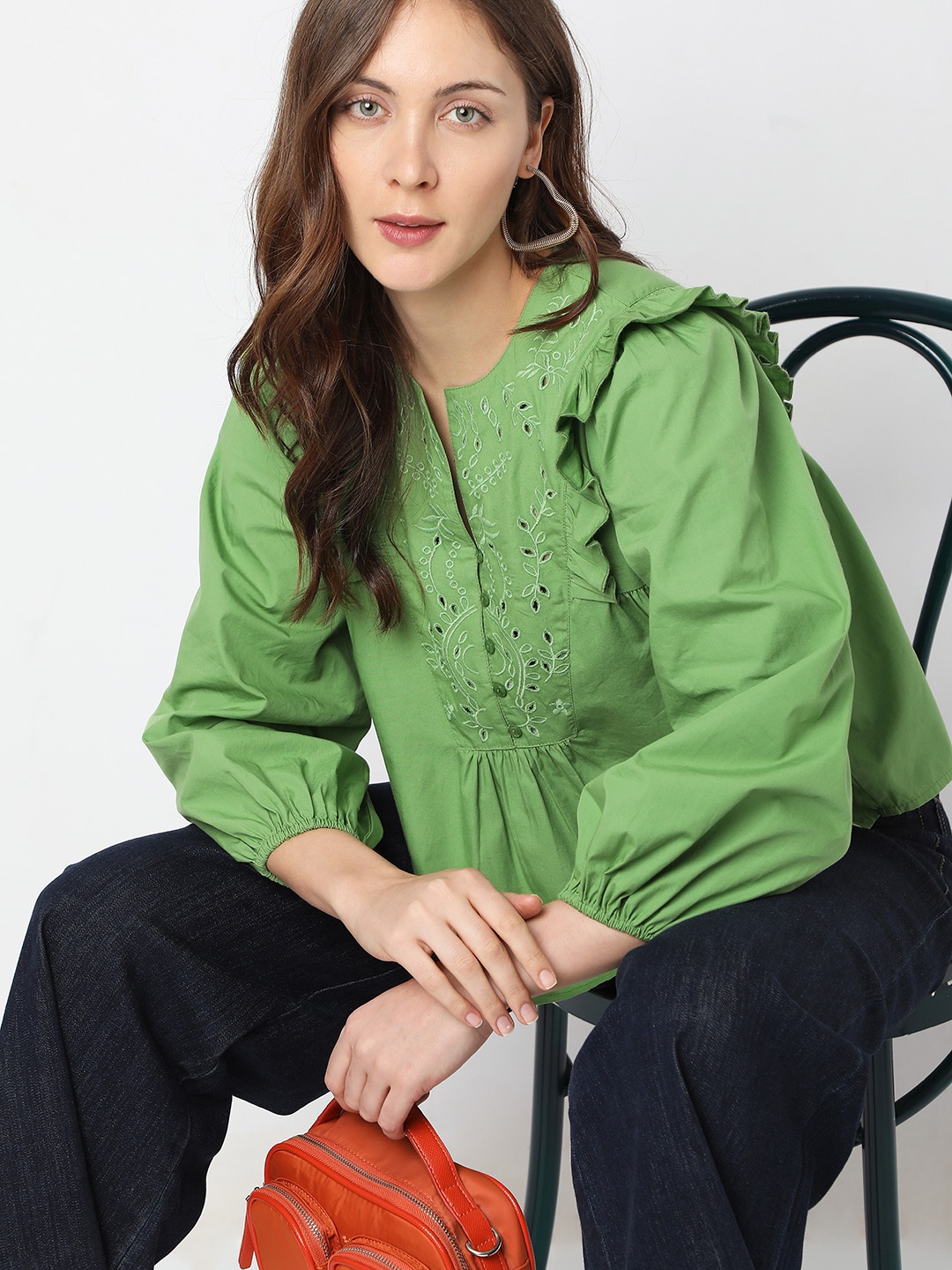 

Vero Moda Notched Neck Ruffles Cotton A-Line Top, Green
