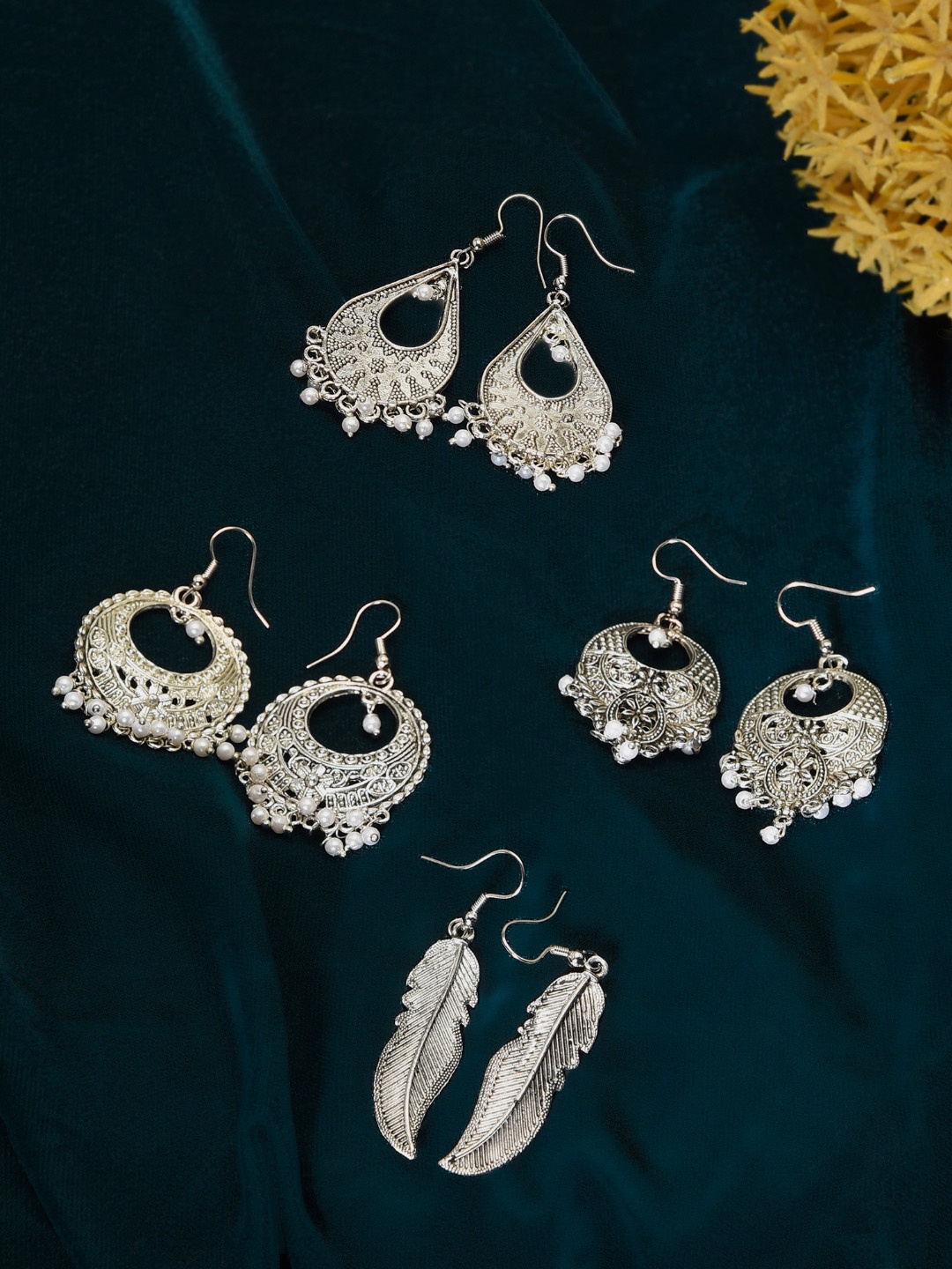 

Zaveri Pearls Set of 4 Oxidised Silver-Plated Earrings