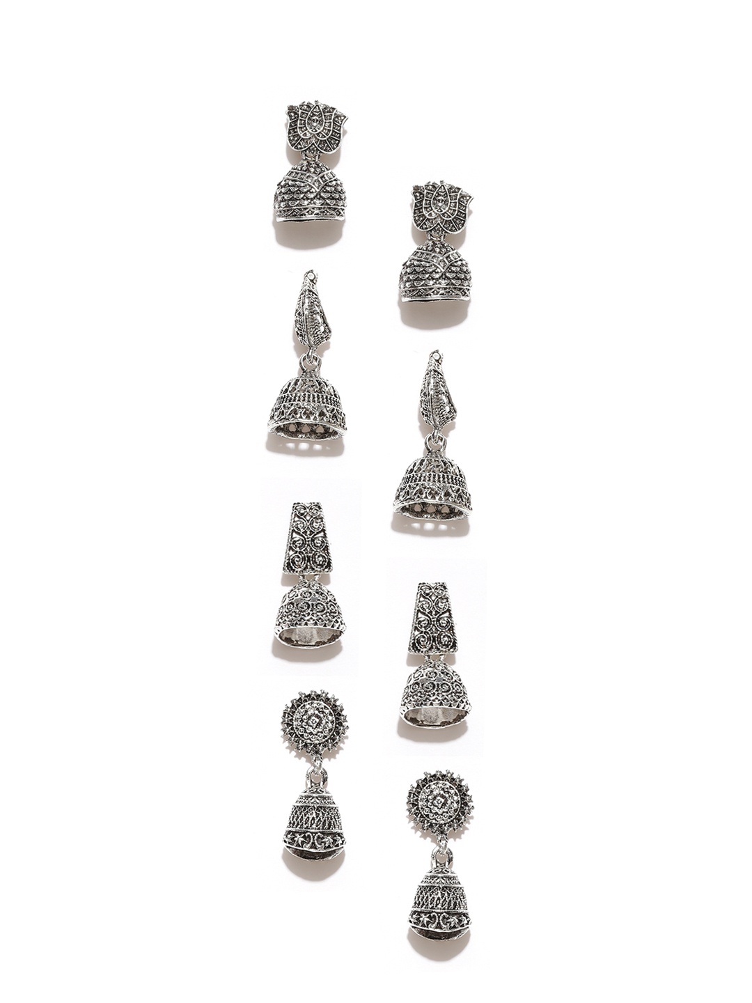 

Zaveri Pearls Set of 4 Oxidised Silver-Plated Textured Jhumkas