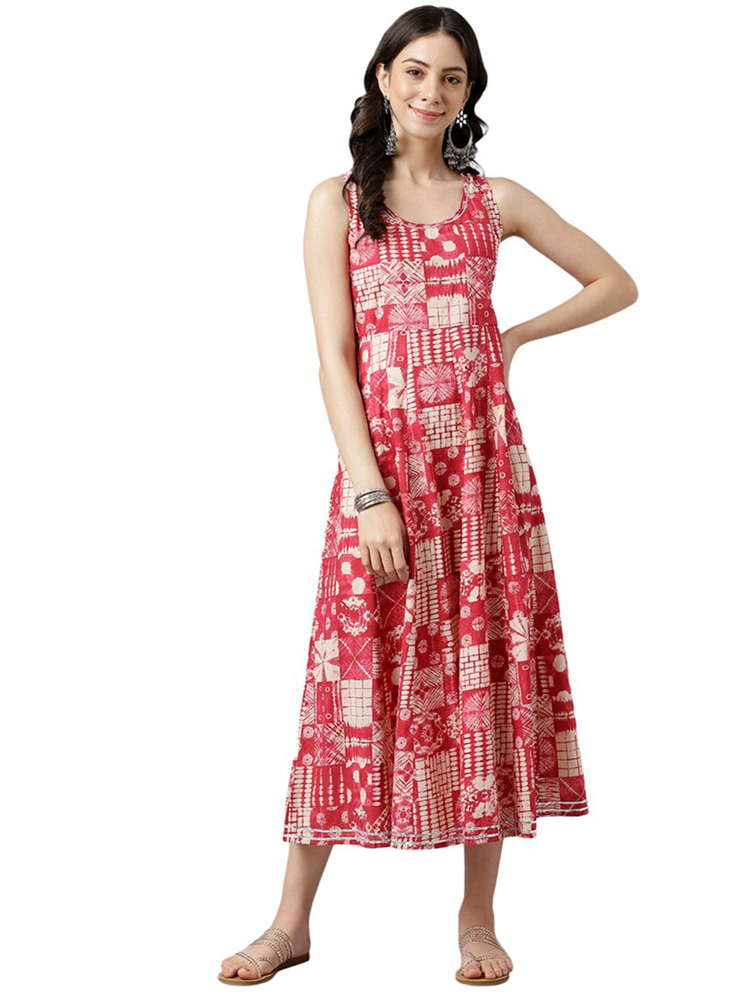 

DECKEDUP Ethnic Motifs Printed A-Line Cotton Maxi Dress, Pink