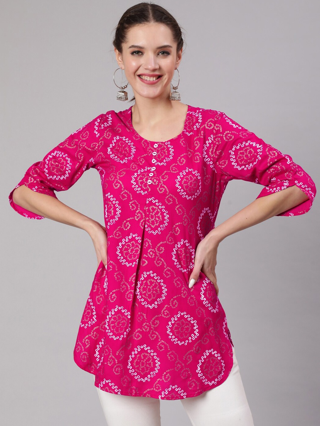 

AKIMIA Women Bandhani Printed Pleated Kurti, Fuchsia