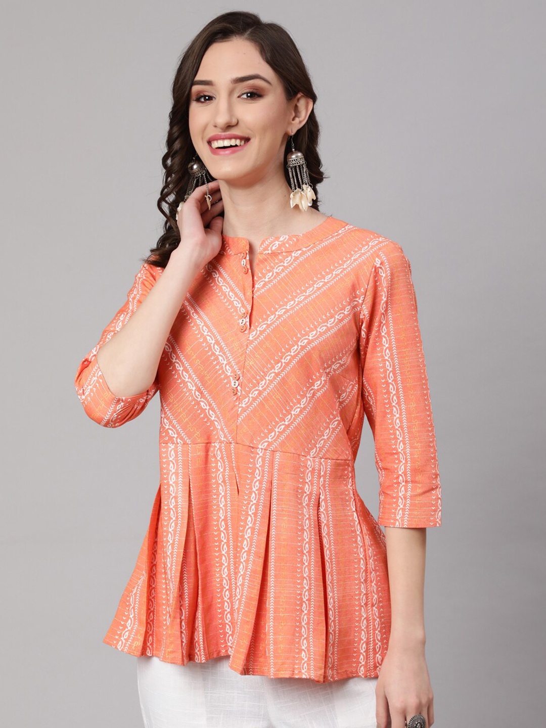 

AKIMIA Ethnic Motifs Printed Mandarin Collar Peplum Pure Cotton Top, Peach