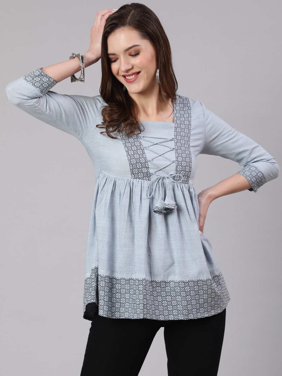 

AKIMIA Floral Printed Peplum Pure Cotton Top, Blue