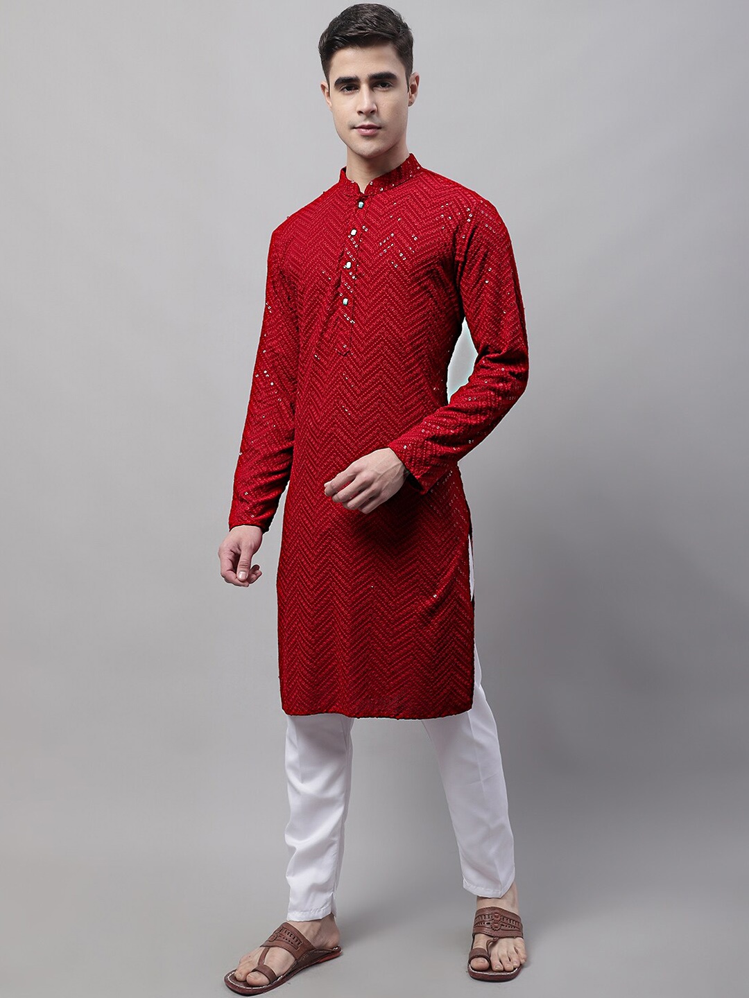 

Jompers Men Chevron Embroidered Sequined Pure Cotton Kurta, Maroon