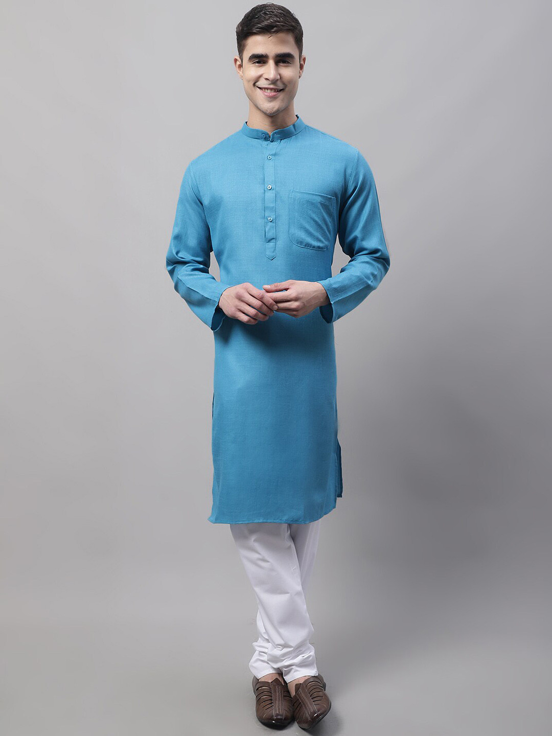 

Jompers Men Mandarin Collar Pure Cotton Kurta With Churidar, Blue