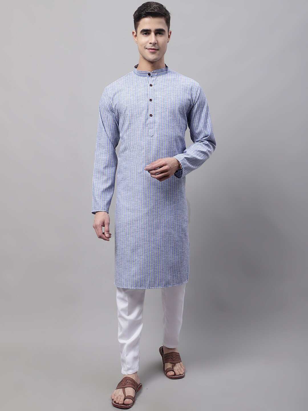 

Jompers Men Vertical Striped Pure Cotton Kurta With Pyjama, Blue