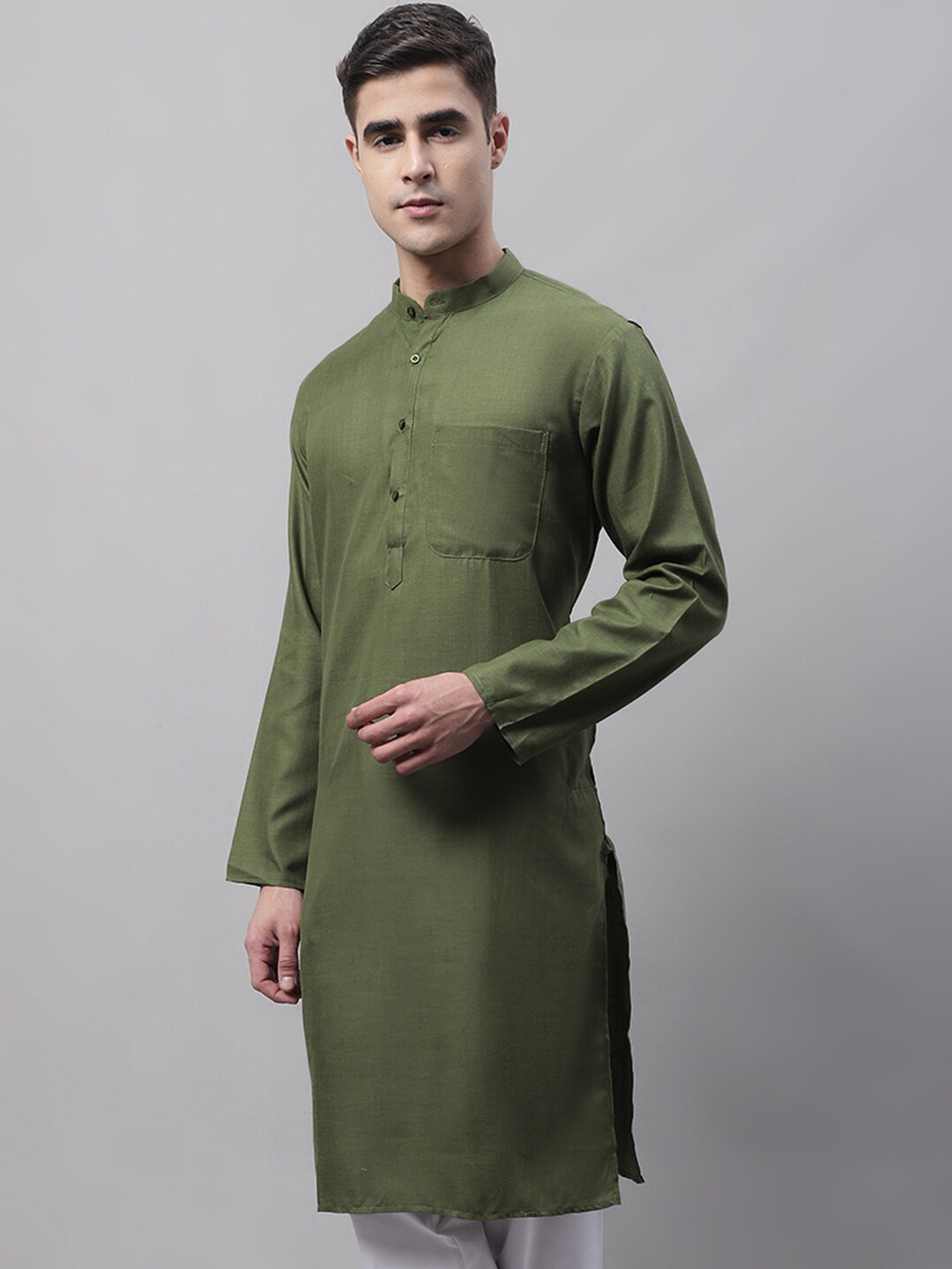 

Jompers Men Mandarin Collar Pure Cotton Kurta With Churidar, Green