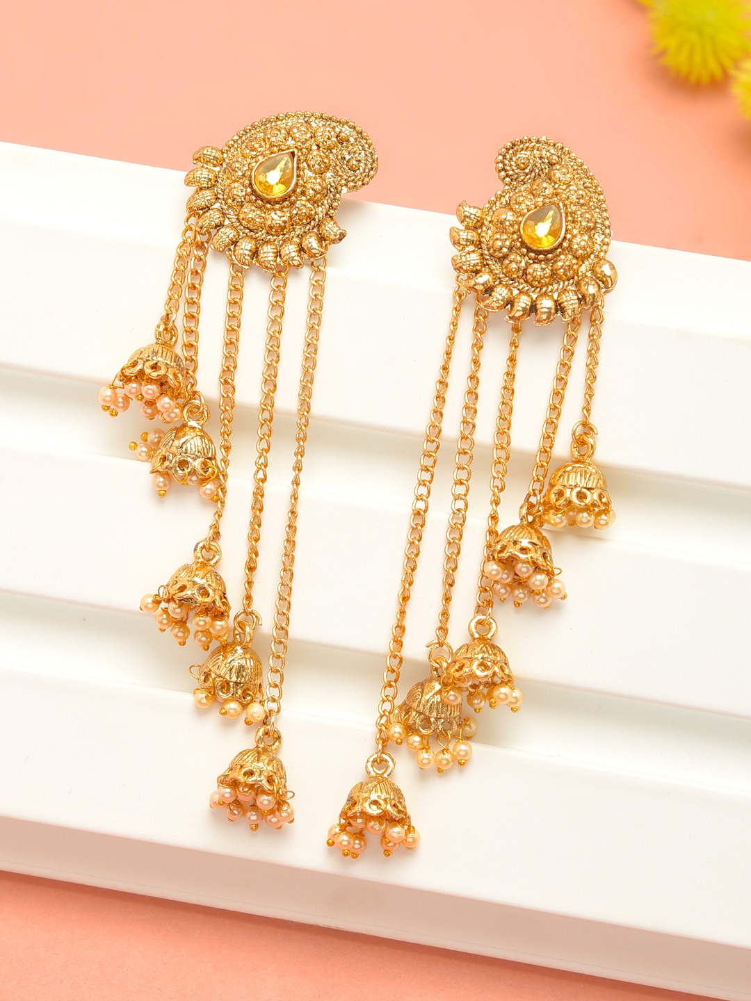 

Zaveri Pearls Gold-Plated Stone-Studded Beaded Drop Earrings