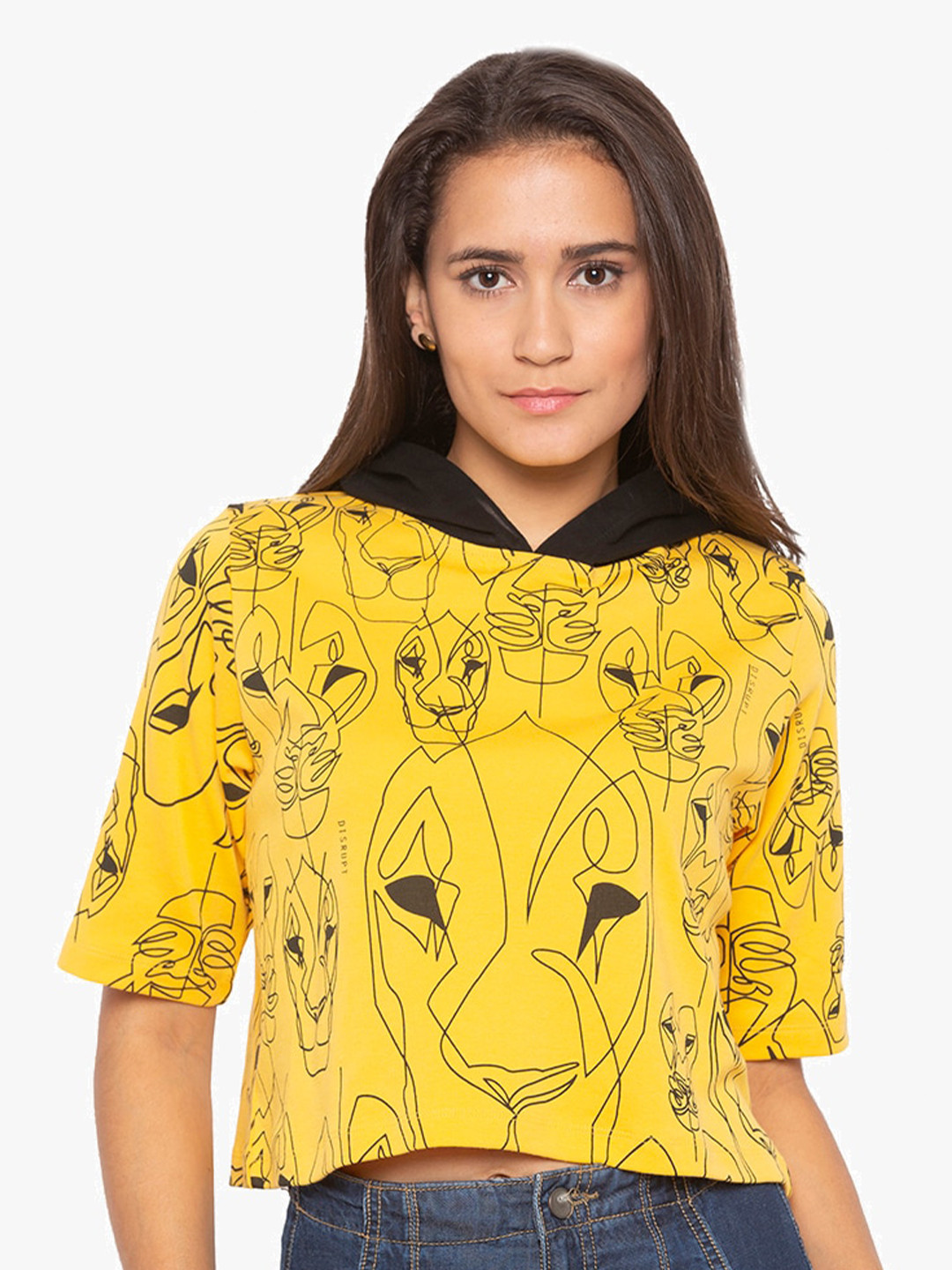 

Disrupt Women Printed Hooded Cotton Sweatshirt, Yellow