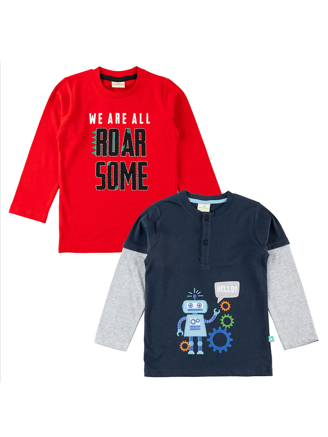 

JusCubs Boys Pack Of 2 Printed Henley Neck Cotton T-shirt, Red