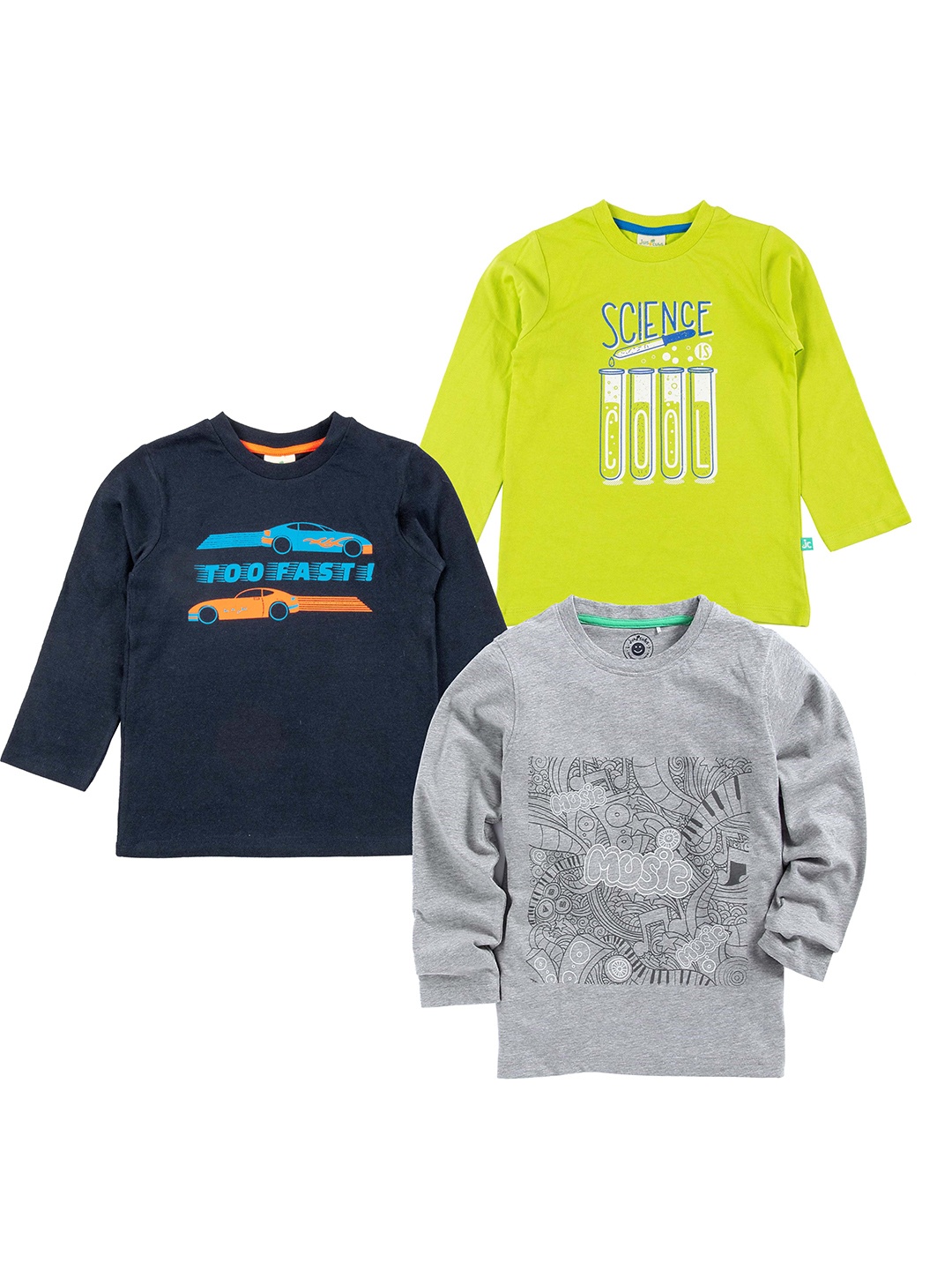 

JusCubs Boys Pack Of 3 Graphic Printed Pure Cotton T-shirt, Fluorescent green