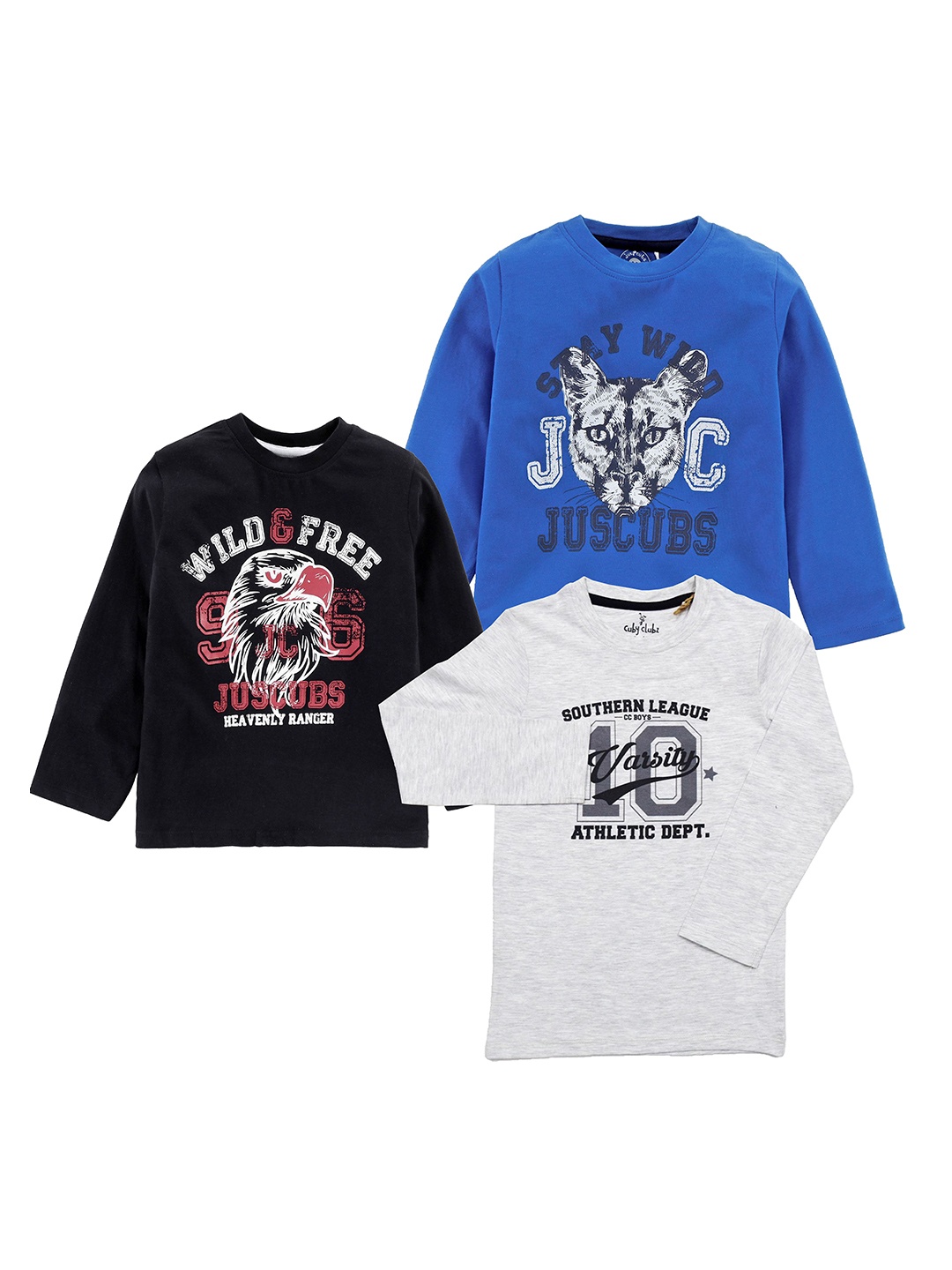 

JusCubs Boys Pack of 3 Varsity Printed Long Sleeves Cotton T-shirt, Black