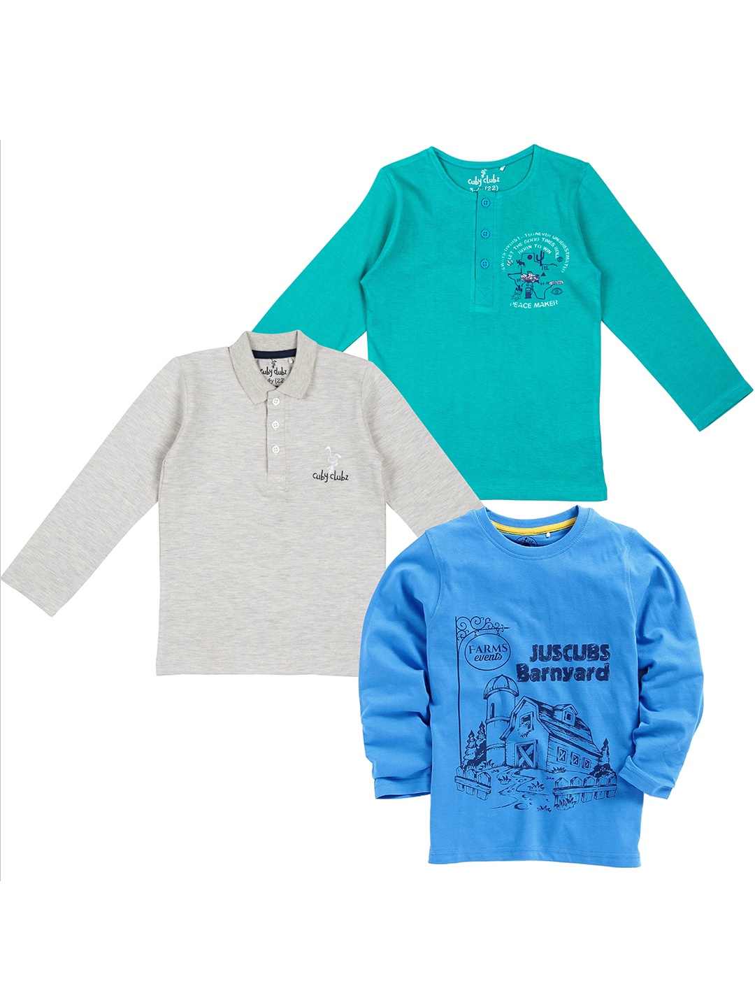 

JusCubs Boys Pack Of 3 Printed Pure Cotton Regular Fit T-shirts, Turquoise blue