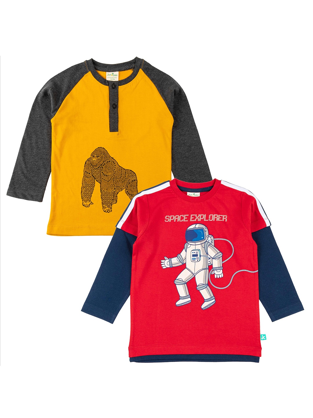 

JusCubs Boys Pack Of 2 Graphic Printed Cotton T-shirt, Mustard