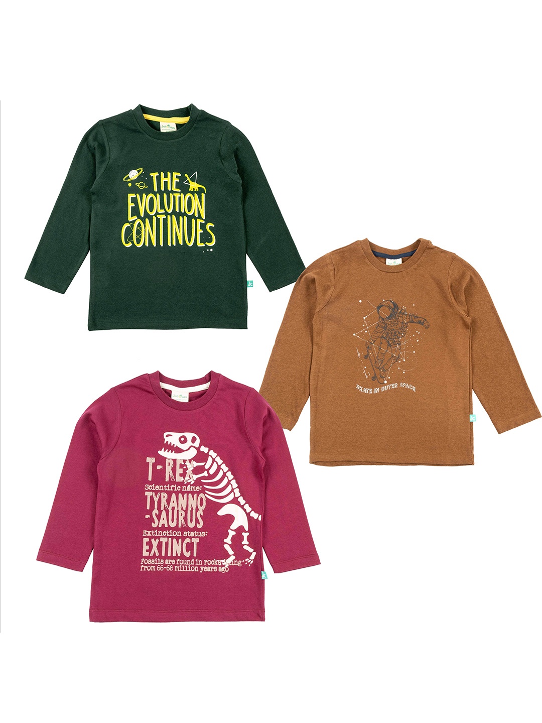 

JusCubs Boys Pack Of 3 Typography Printed Pure Cotton T-shirt, Green