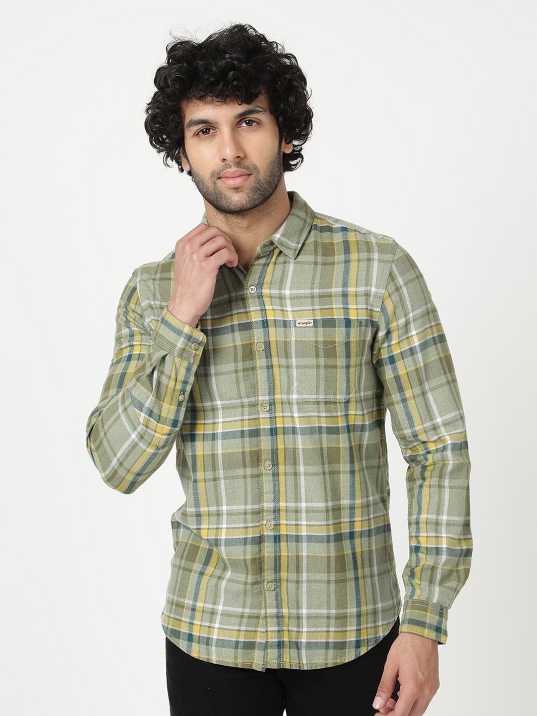

Wrangler Spread Collar Slim Fit Tartan Checked Casual Cotton Shirt, Green