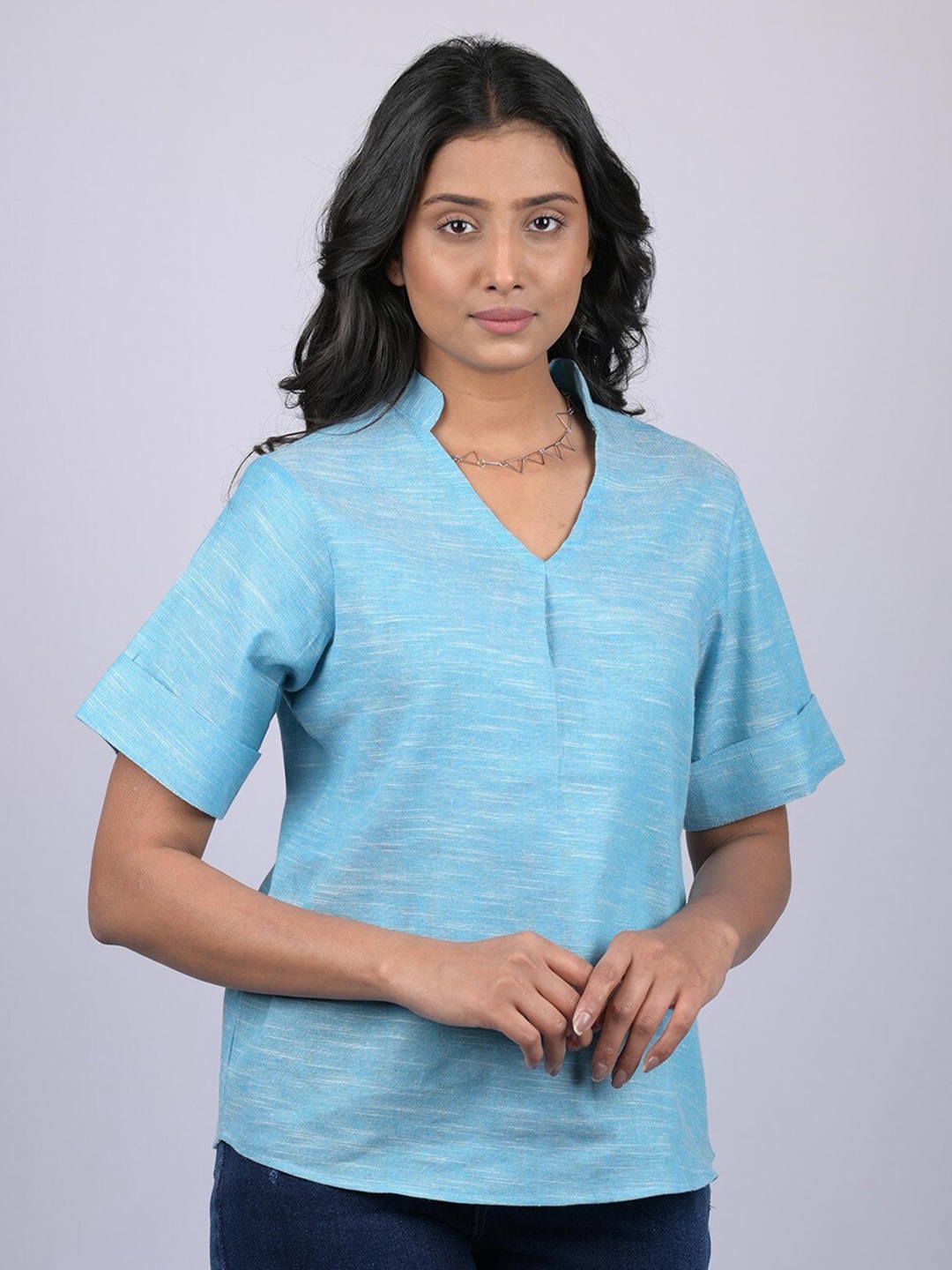 

OWO THE LABEL V-Neck With Collar Top, Blue