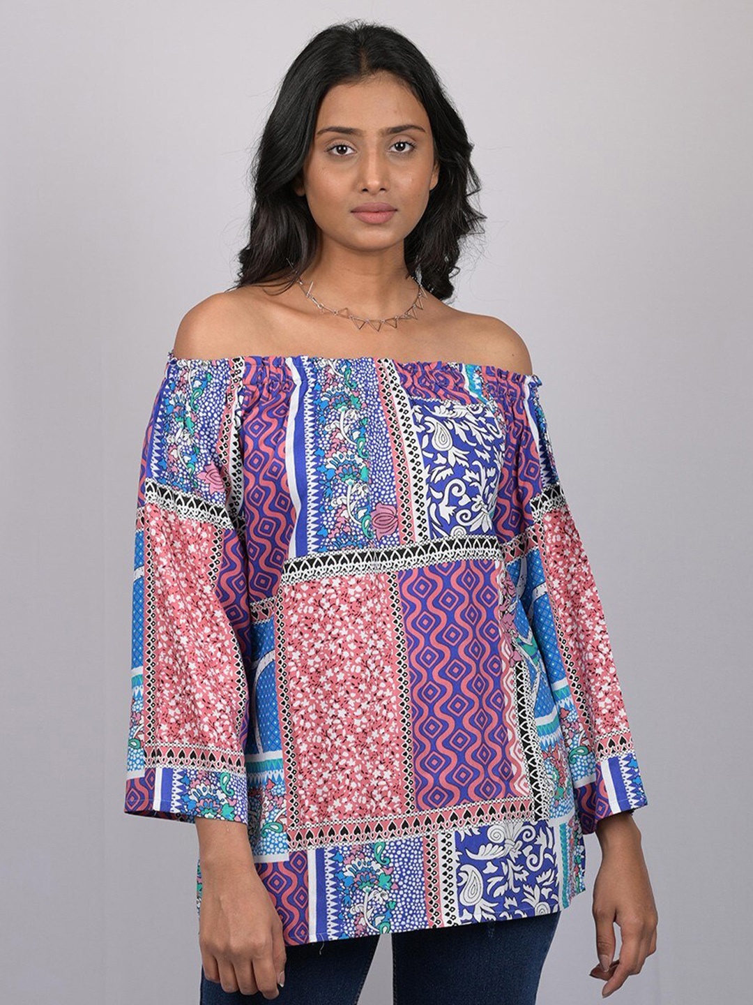 

OWO THE LABEL Ethnic Motifs Printed Off-Shoulder Bardot Top, Multi