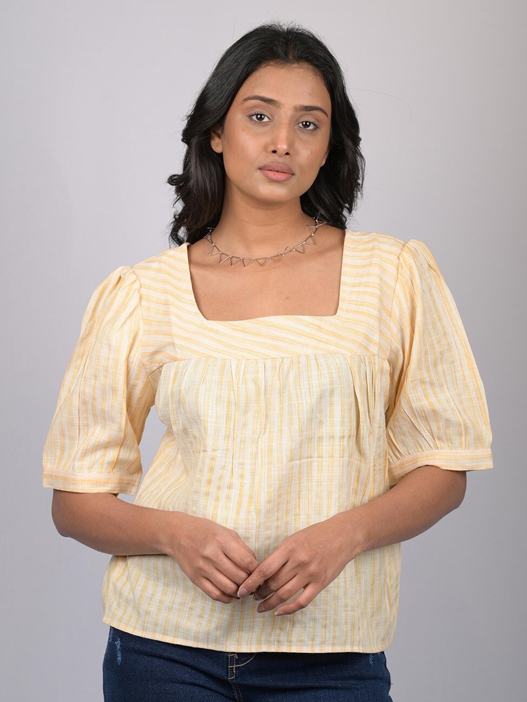 

OWO THE LABEL Square Neck Striped Printed Top, Yellow