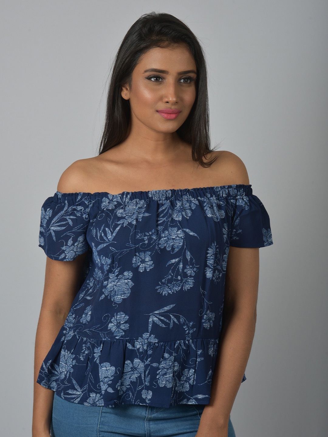 

OWO THE LABEL Floral Printed Off-Shoulder Bardot Top, Navy blue